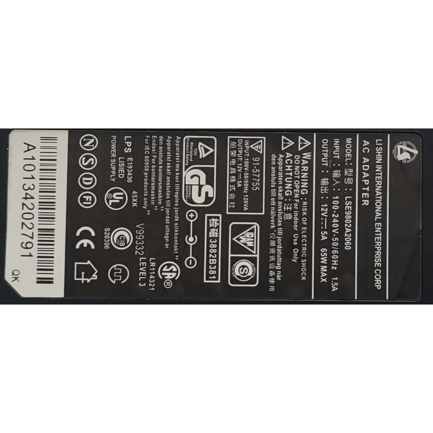 ADAPTADOR AC LI SHIN / NUMERO DE PARTE LSE9802A2060 / INPUT: 100-240 V AC 50/60 Hz 1.5A / OUTPUT: 12V DC - 5A	 - Imagen 2